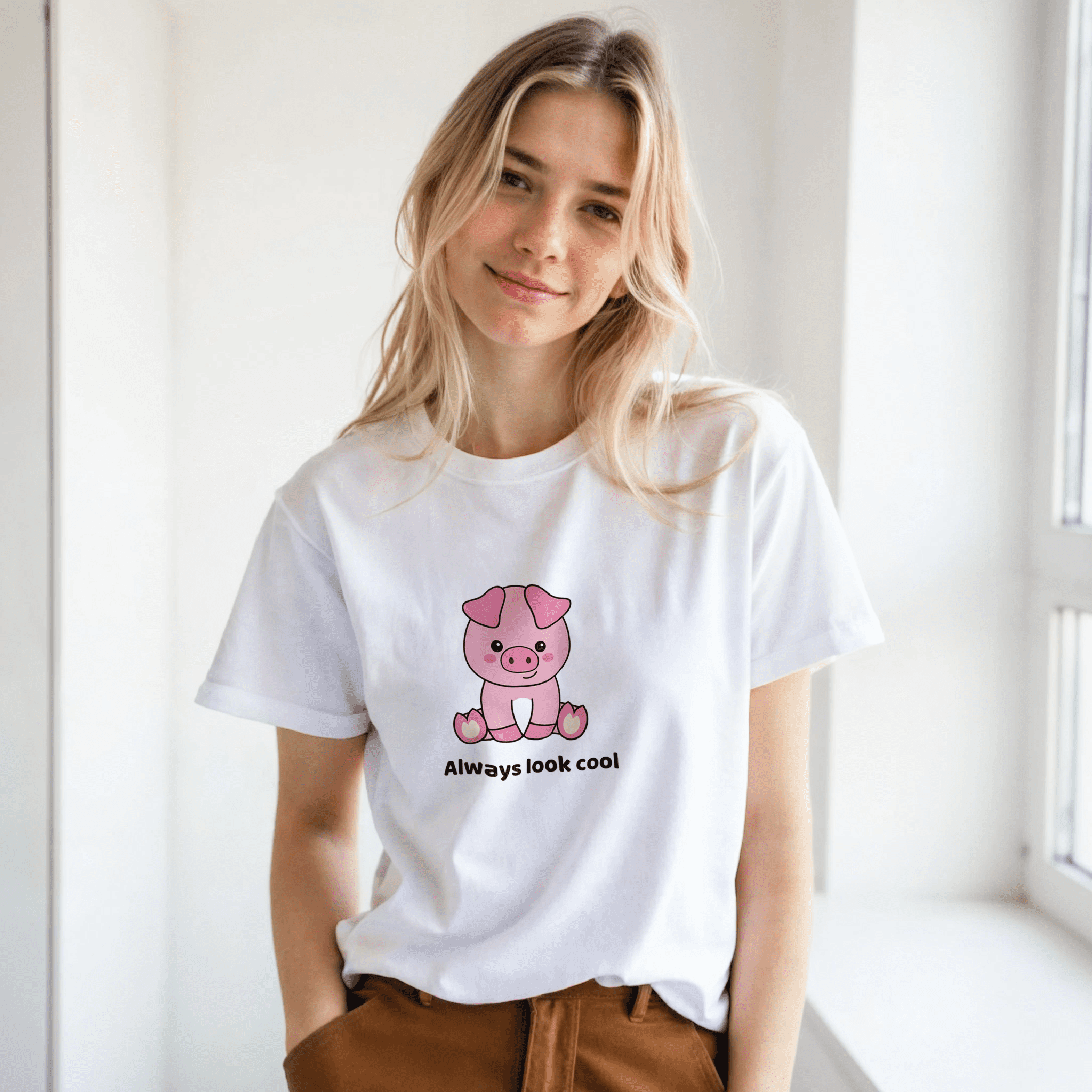 Camiseta unisex Always Look Cool con diseño de cerdito - Imagen 4