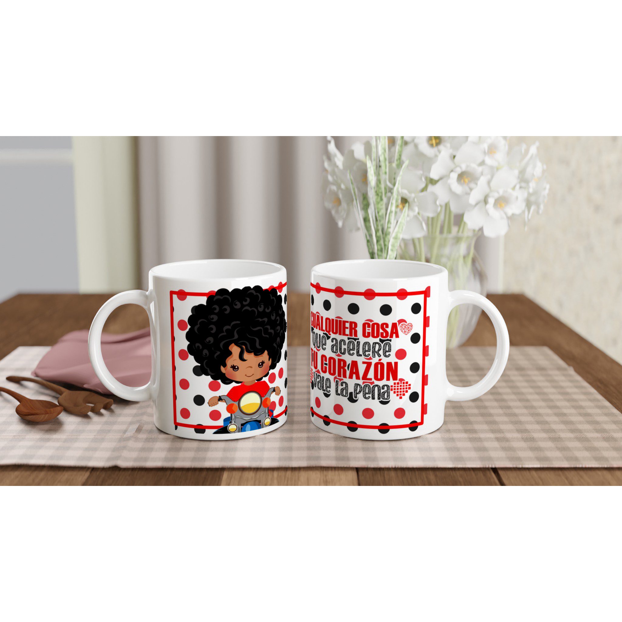 Taza de cerámica 325 ml con diseño motero y lunares