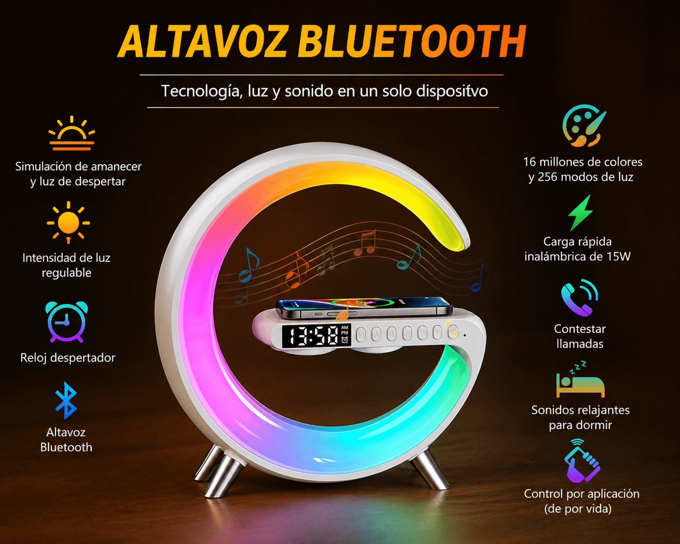 Mini altavoz Bluetooth 3 en 1 con cargador inalámbrico y lámpara LED - Imagen 4