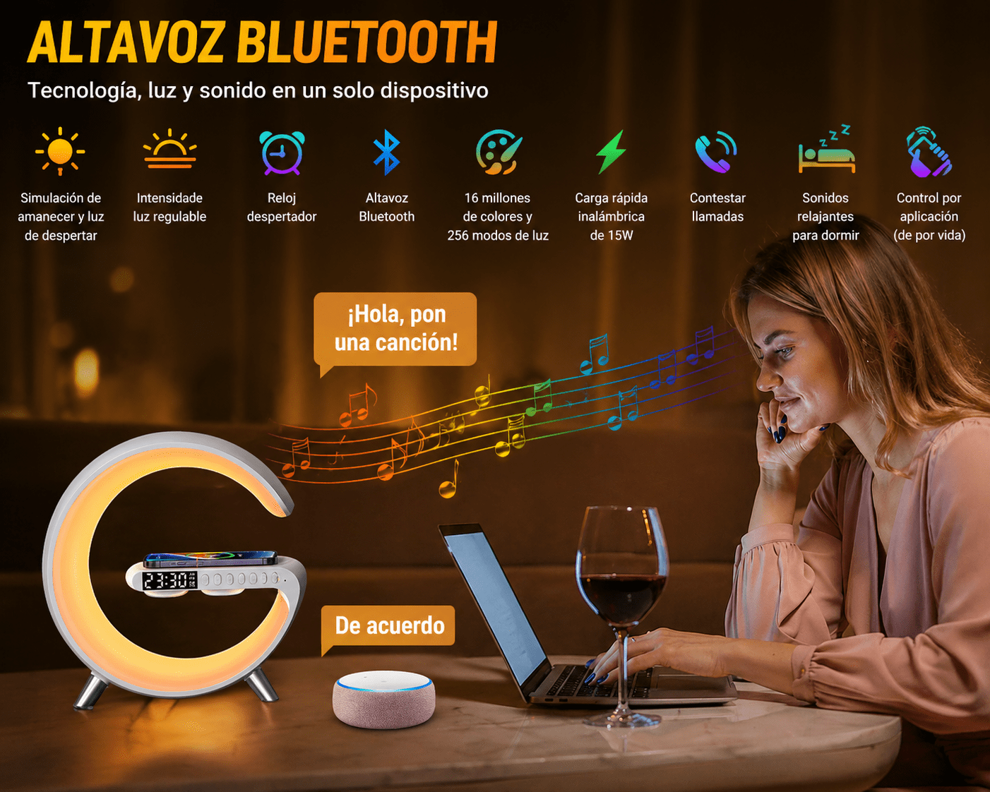 Mini altavoz Bluetooth 3 en 1 con cargador inalámbrico y lámpara LED - Imagen 3