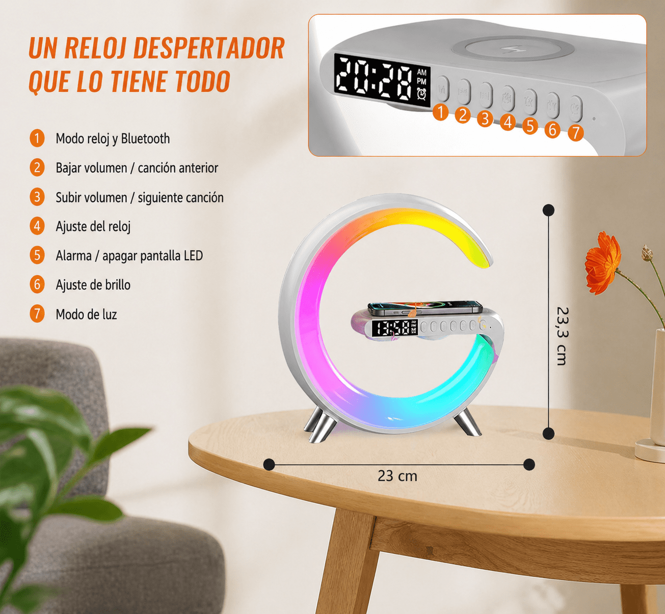 Mini altavoz Bluetooth 3 en 1 con cargador inalámbrico y lámpara LED - Imagen 5