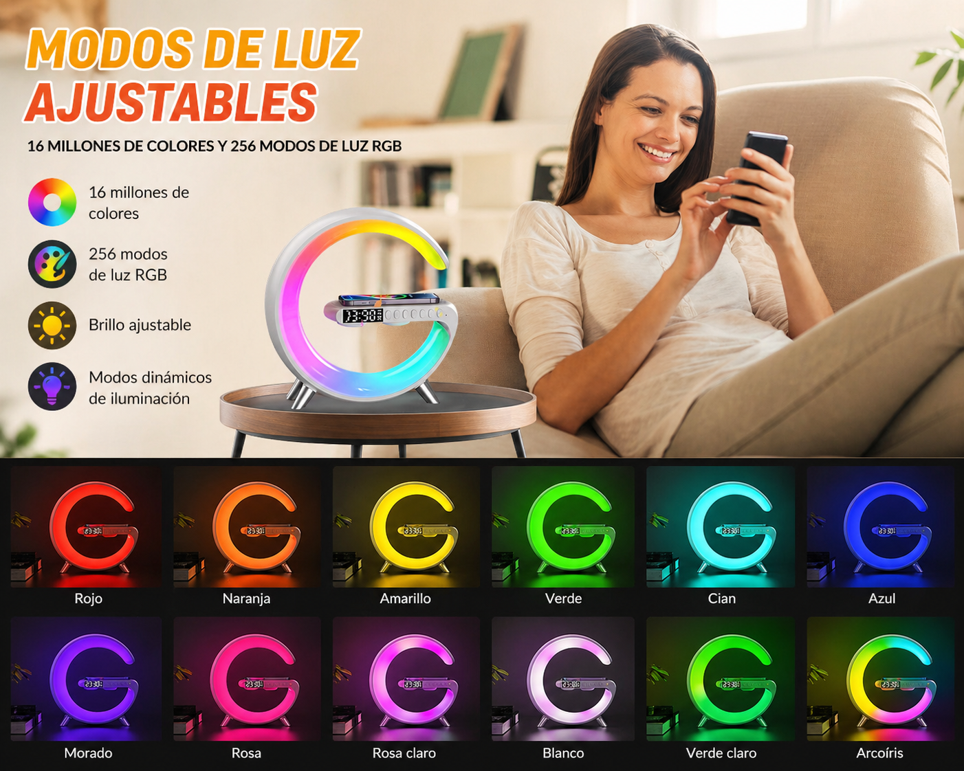 Mini altavoz Bluetooth 3 en 1 con cargador inalámbrico y lámpara LED - Imagen 2